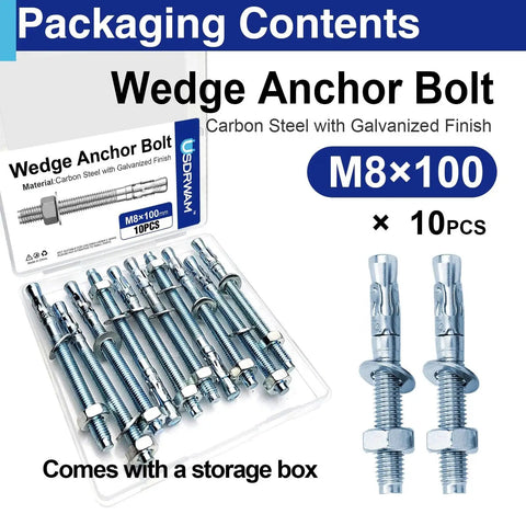 Five Sixteenth Inch By Four Inch Concrete Anchor Bolts Set Of Ten Wedge Anchors With Nuts And Washers In Plastic Box ASTM A36 Carbon Steel Hot Dip Galvanized For Cement Brick And Masonry displayed in packaging.