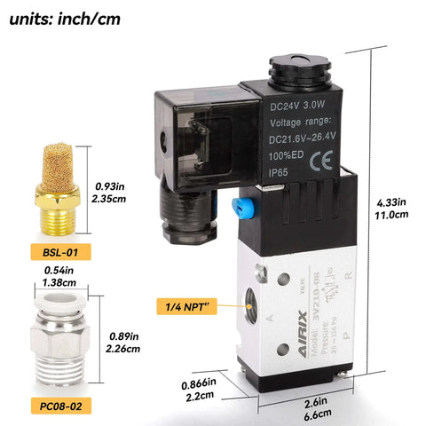 Two Position Three Way Pneumatic Solenoid Valve DC24V, Pilot Operated, Single Coil, One Quarter Inch NPT with quick fittings