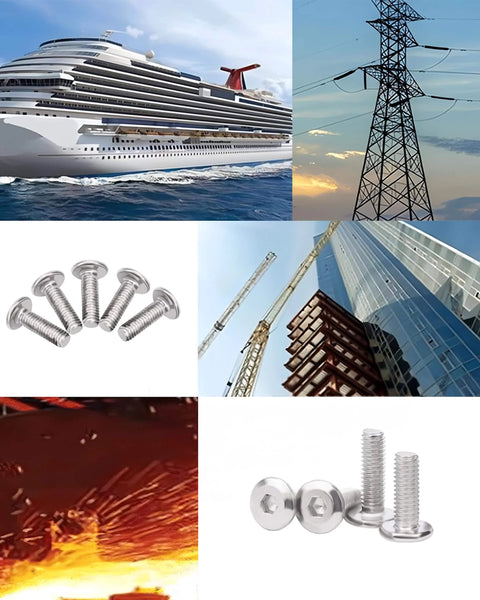 Collage including M6 X 18mm Flat Head Hex Socket Cap Screws Bolts, 304 Stainless Steel, with industrial and marine applications.