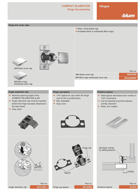 Hinge components overview for Soft Close Compact BLUMOTION 38N Hinge For Face-Frame Cabinets, 105 Degree Opening, Blum 38N355B.08