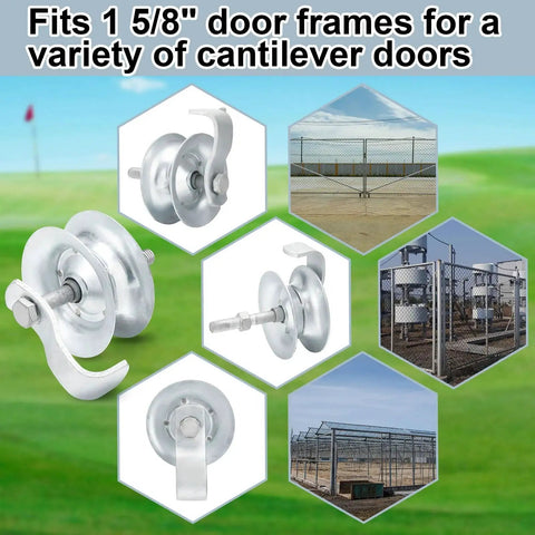 4 Pack 5 Inch Sliding Gate Rollers Kit With Galvanized Steel Pipe Track For 1 And 5 Eighths Inch Gate Track Fence Hardware Durable Weather Resistant Easy Installation And Smooth Operation In Outdoor And Industrial Gate Installations included in image collage against outdoor background, showing roller and gate uses.
