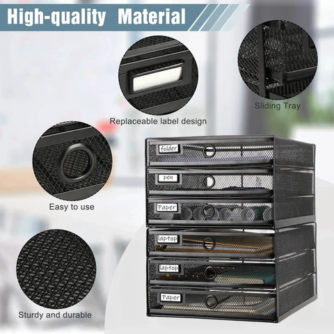 Two Pack Black 3 Tier Wire Mesh Desk Organizer With Drawers Stackable File Sorter For A4 and Letter Sized Paper, Office Accessories