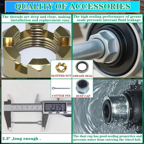 Close-up view of components from Heavy Duty Boat Trailer Bearing Kit Set For 3500 Lb Axles One And Three Eighths To One And One Sixteenth Inch EZ Lube Spindle Includes OZISENS Bearing Kit Races Seals Dust Caps Cotter Pins Axle Nuts Washers, including a nut, seal, pin, and cap.