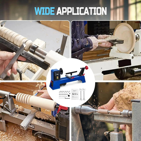 Collage showing Beefy 14 Inch By 20 Inch Benchtop Wood Lathe With 400W Motor And Four Speed Settings 1040 1480 2130 2980 RPM in use