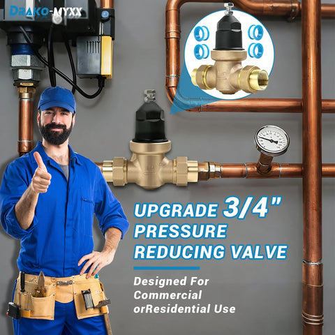 3/4 inch NR3XL pressure reducing valve with double union FNPT on copper piping; installer in blue uniform beside gauge.