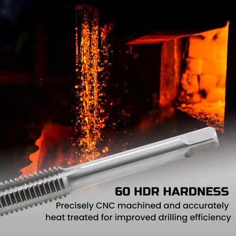 CNC machined metal thread cutting tool near a furnace, showcasing 60 HDR hardness and heat treatment for drilling efficiency.