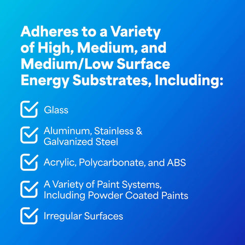 Text listing substrates VHB Heavy Duty Mounting Tape 5952 adheres to: Glass, metals, plastics, painted, and irregular surfaces.