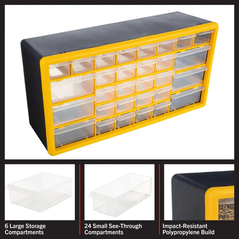 30 Drawer Plastic Small Parts Organizer Yellow Desktop Or Wall Storage for Hardware, Crafts, Garage Or Classroom