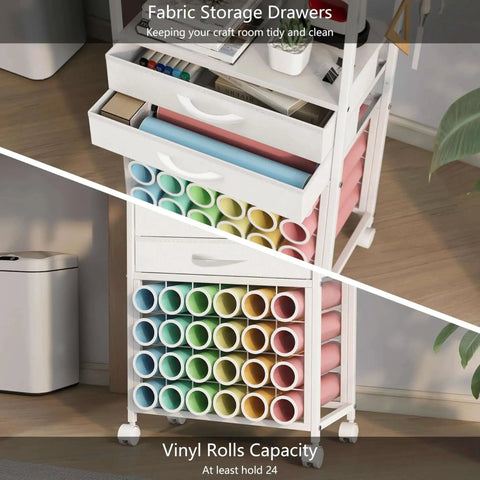 Ultimate Cricut Organizer And Rolling Storage Cart With 24 Vinyl Roll Holders Two Fabric Drawers Accessories Holder Tool Hook And Craft Room Stand For Easy Space Saving And Quick Access In White showing vinyl storage and drawers.