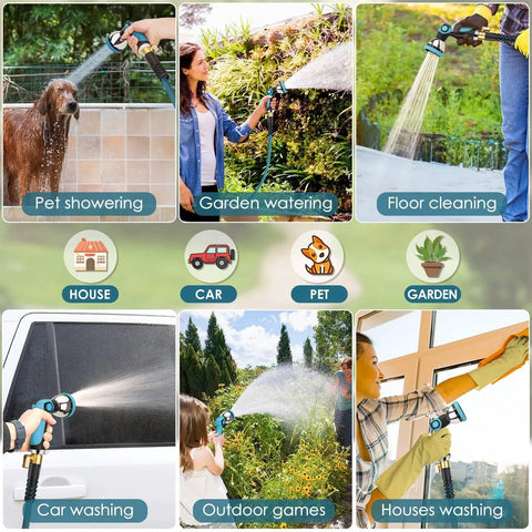 Multiple uses of Ultra Lightweight Non Expandable Garden Hose 150 Ft With Ten Pattern Nozzle and Shut Off Valve including pet showering and gardening