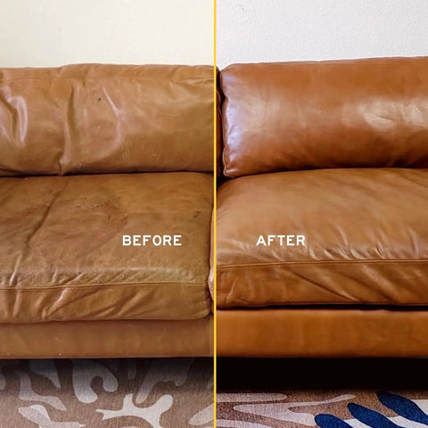 Before and after comparison of leather conditioner effect on sofa using Leather Conditioner For All Leather Items 8oz Non Toxic Made In USA