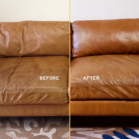 Before and after comparison of a leather couch restored using Premium Leather Conditioner That Restores All Leather Items From Auto To Furniture And Shoes Purses And Tack Non Toxic Made In USA 8 Fl Oz Leather Honey.