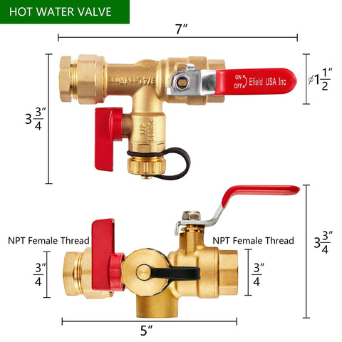 Isolator service valve kit, 3/4 in IPS brass with pressure relief valve and red handles, front and side views.