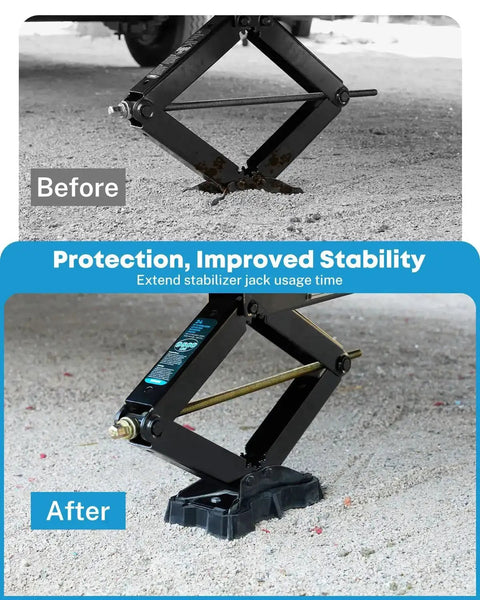 Before and after use of Two Pack RV Stabilizer Jack Pads For Scissor Jacks 8.75 To 9.5 Inch Base By 5.5 Inch Wide on uneven ground.