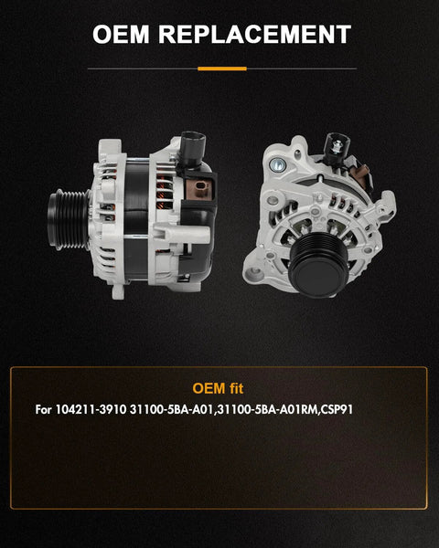 Front and side view of Drop-In Replacement Alternator For Honda Civic 2.0L 2016-2022, OE-Grade Quality, OE Numbers 104211-3910 And 31100-5BA-A01RM, No-Fuss Install, Reliable Charging Power, Plug-And-Play Fit For Your Car's Electrical System, Built To Last.