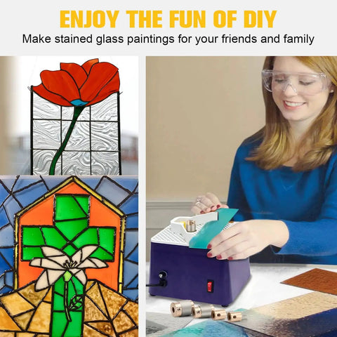 Woman using stained glass tools with diamond grinder bit head tools for stained glass set with brass core pro grade four piece diamond bit set in sizes one inch one and three fourths inch one quarter inch and one eighth inch with allen wrenches ecarke