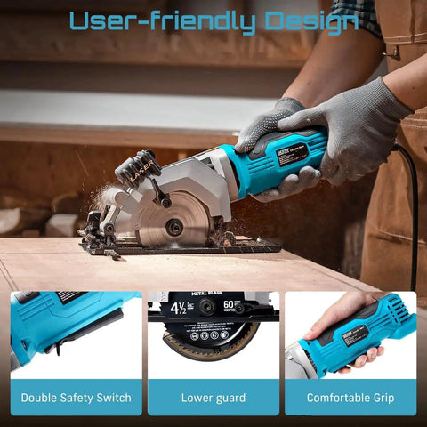Mini Circular Saw With Laser Guide For Precise Wood Metal Tile And Plastic Cuts Seesii Corded 4.8 Amp 4000 RPM in use on wood