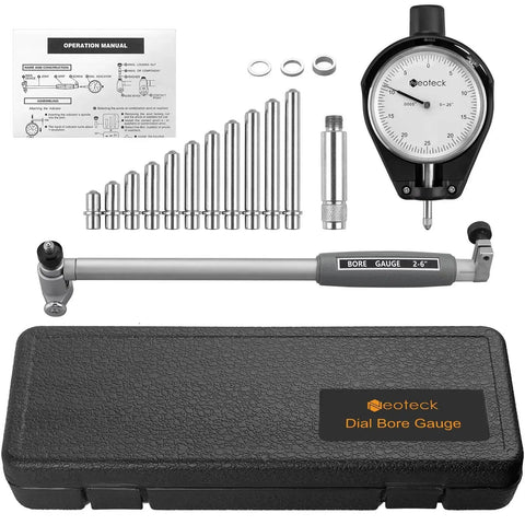 Deep Engine Cylinder Dial Bore Gauge Set For Accurate Measurements 2 To 6 Inch Range With 0.001 Inch Resolution Self Centering Design Includes 11 Carbide Anvils Chrome Plated Handle Insulated Grips And Durable Carry Case Neoteck components with case.
