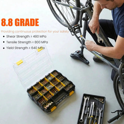 1075 Piece Metric Bolts And Nuts Assortment Kit Grade 8.8 M4 M5 M6 M8 M10 M12 Hex Head Yellow Zinc Bolts with organizer near bicycle repair