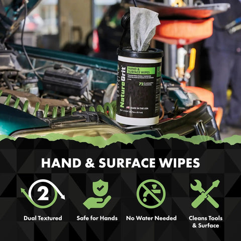 Car engine with canister of Mechanic Hand And Surface Wipes With Degreaser For Grime Removal Six Canisters on top