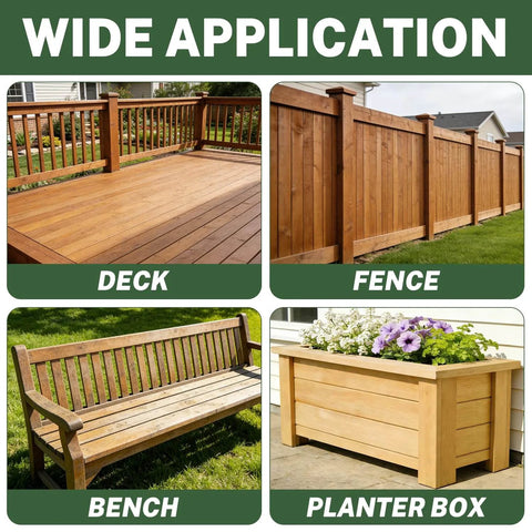 Wide application of deck screws shown in decking, fencing, bench, and planter box made with wood.