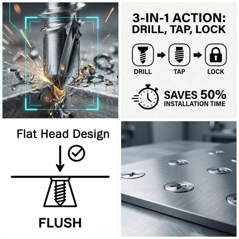 12 By 2 And A Half Inch Flat Head Phillips Self Tapping Screws For Metal And Plastic, 410 Stainless Steel High Hardness Self Drilling Screws, Sheet Metal Screws For Wood And Metal Projects, Fifty Pieces displaying drill, tap, lock action.