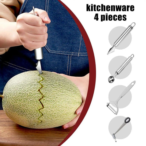 Person using 4 In 1 Kitchen Spiral Cutter V Cut Crinkle Knife and Vegetable Peeler Set on melon