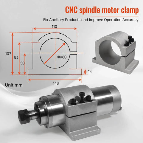 Water Cooled CNC Spindle Kit 2.2KW 110V VFD Inverter With 80mm Spindle ER20 Collets 24000 RPM Includes Mount Clamp dimensions