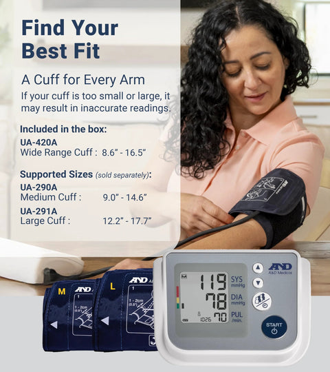 Blood pressure monitor by A&D Medical UA-767FAC with wide-range cuffs (M and L) and digital display.