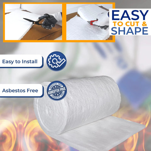 Ceramic fiber insulation blanket roll, 1in x 24in x 96in, 8# density, 2400F, asbestos-free; easy to cut and shape