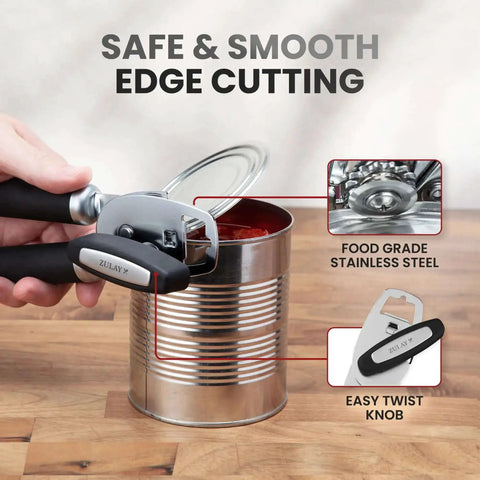 Comfy Manual Can Opener With Bottle Opener in use, cutting a can. Features rust proof stainless steel, soft grip handles, and turn knob.