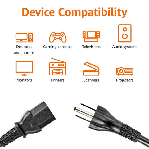 Universal 15 Foot Power Cord For PC Monitor And Printer 3 Prong 18 AWG 125V NEMA 5-15P To IEC320C13 UL Listed Black Cable with compatibility icons
