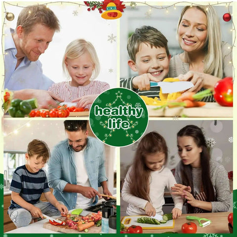 Parents and children using Toddler Knife Set For Kids Real Cooking Safe Kitchen Tools With Cutting Board And Crinkle Cutters