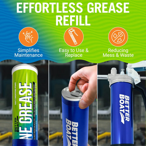Better Boat marine grease tube, 14 oz, green can, trailer bearing lubricant
Blue Better Boat marine grease can, 14 oz, open top
Blue Better Boat marine grease tube installed on trailer bearing assembly
