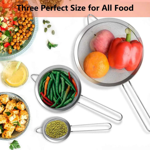 Three Piece Fine Mesh Strainer Set With Handles For Sifting Wet Or Dry Ingredients In The Kitchen shown with fruits and vegetables