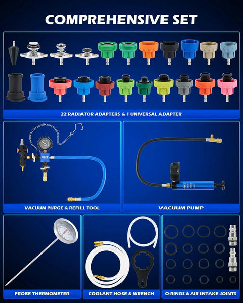 Image showing All In One 31pc Coolant Pressure Tester Kit With Vacuum Pump And Refill Tool, 23 Radiator Adapters, O Rings