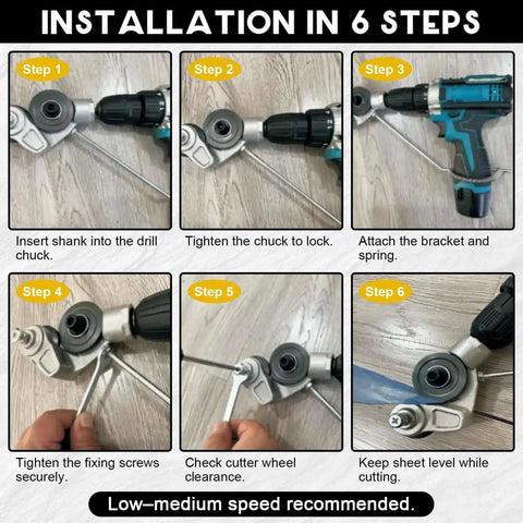 Installation steps for Sheet Metal Cutter Nibbler Drill Attachment With Titanium Steel Gear for stronger bite on drills