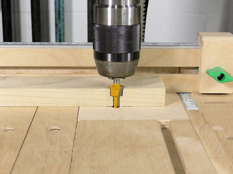 Zeroplay Two Step Plunge Router Bit With Half Inch Shank, Fourteen Inch Length for woodworking mounted on drill press.