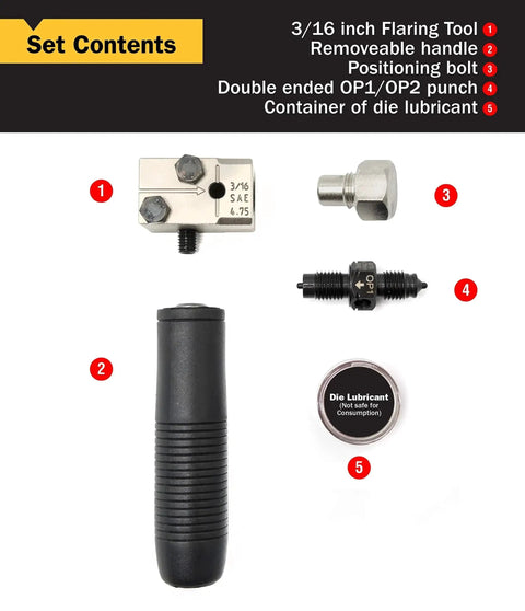3/16 Inch SAE Inverted 45 Degree Double Flaring Tool For Tubing kit contents including handle, positioning bolt, and lubricant