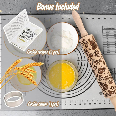Christmas Themed Embossed Rolling Pin For Baking Cookies With Snowflake And Snowman Designs Wooden Engraved Springerle Style Dough Roller