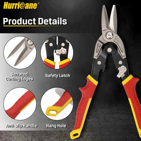 10 Inch Aviation Snips With Safety Lock And CR-MO Blades For Straight Cutting Metal Sheets perfect for HVAC and DIY projects.