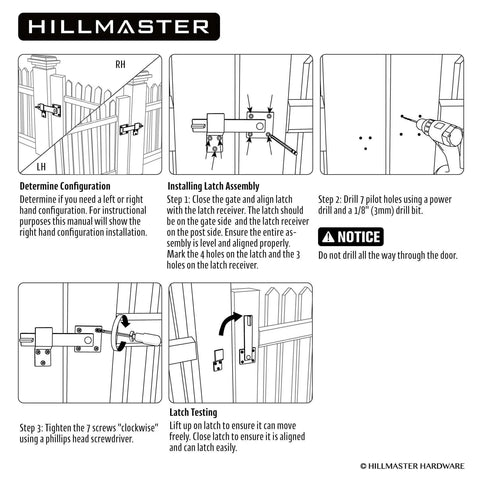 Instruction diagram for installing Hillmaster Sturdy Six Inch Farm Flip Fence Gate Latch And Barn Door Lock Flip Latch Hardware in matte black.