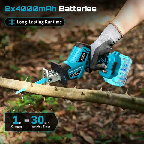 Cordless Reciprocating Saw With Brushless Motor And 3500 RPM Variable Speed For Wood And PVC Cutting, LED Light, Tool Free Blade Change, Includes 6 Blades And 2x4Ah Batteries, Portable Power For Tough Jobs in use cutting tree branch
