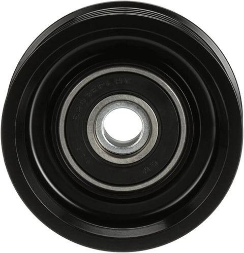 Front view of DriveAlign Belt Drive Idler And Tensioner Pulley By Gates for most vehicles, OE quality steel and thermoplastic construction.