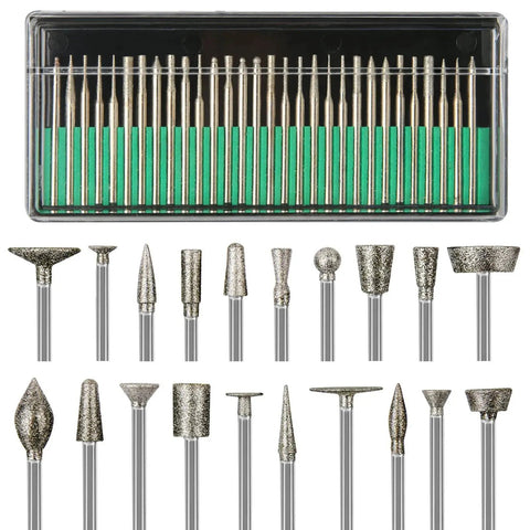 Stone Carving Diamond Burr Bits Set For Dremel Rotary Tools 50 Piece Polishing Kit With One Eighth Inch Shank displayed in box