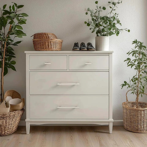 White dresser with 10 Pack Brushed Nickel Cabinet Knobs Satin Nickel Drawer Pulls for kitchen cabinets and bathroom cupboards.