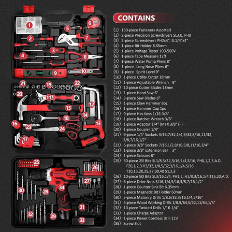 276-Piece Tool Set Kit With 12V Cordless Drill Driver, Portable Toolbox With Drawer, and various tools in storage case