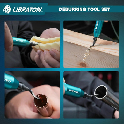 Deburring Tool Kit With 360 Degree Swivel Handle using detachable metal tool and reamers on foam, wood, plastic, and metal
