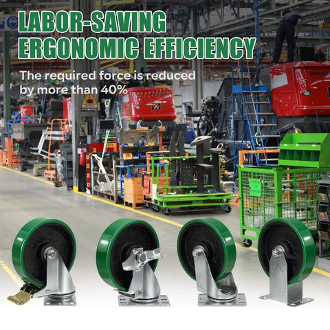 Four Five Inch Industrial Caster Wheels With Heavy Duty Cast Iron Core And Premium Thick Polyurethane Tread for carts and toolboxes.