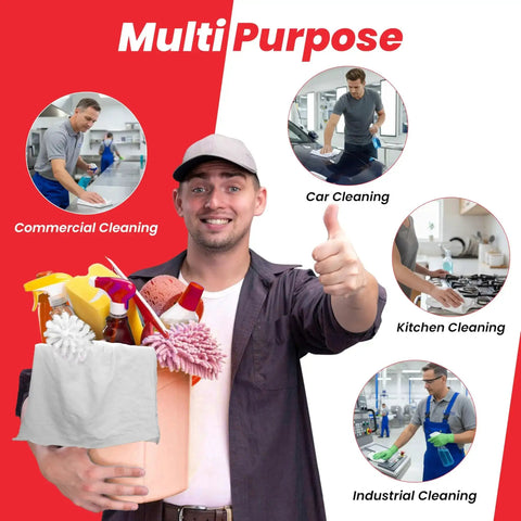 Smiling man holding cleaning products with text "Multi Purpose" and circles showing commercial, car, kitchen, and industrial cleaning.